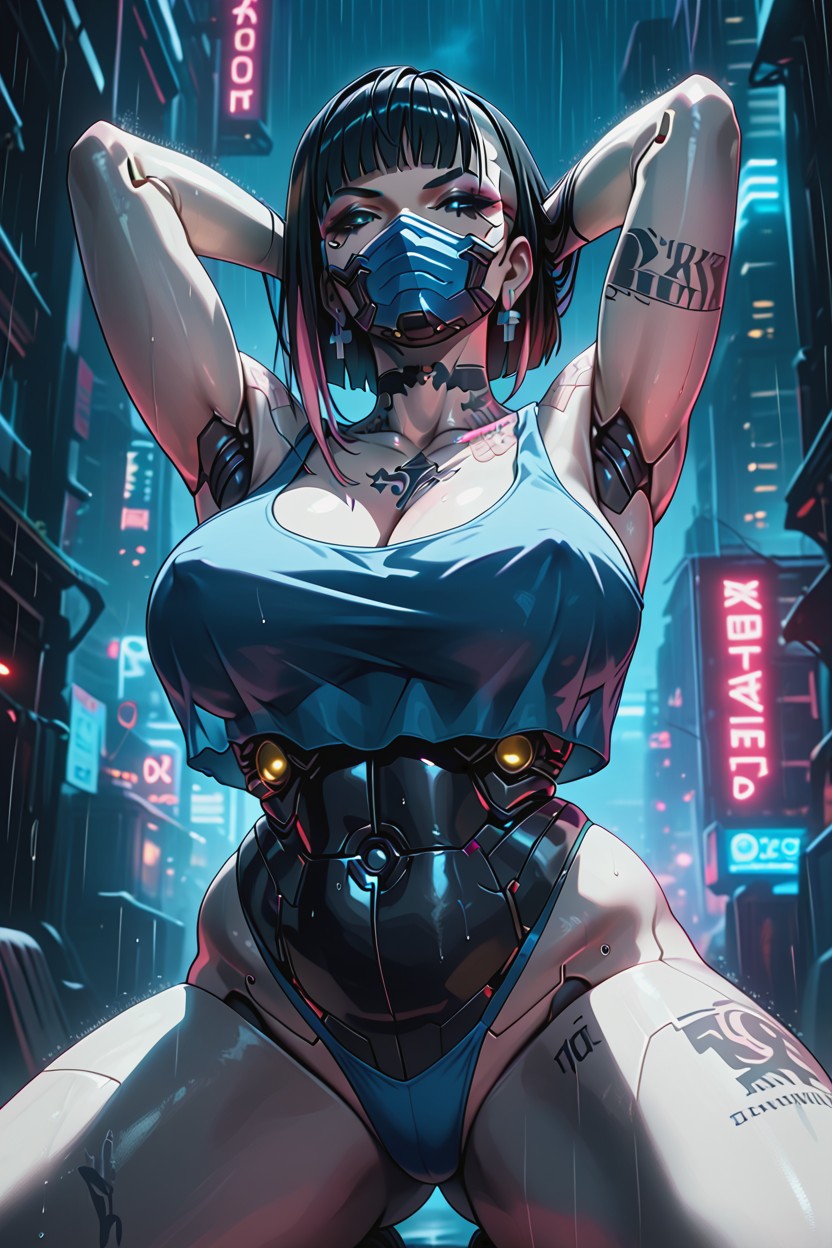Legs Spread Wide, Medium Length, Black Hair With Pink Highlights Hentai AI Porn
