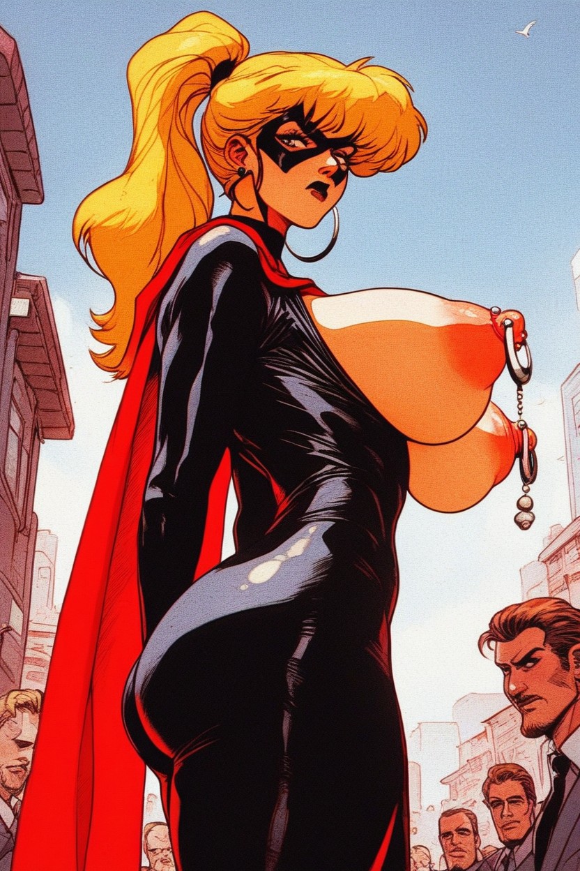 Red Cape, Arms Behind Back, Skintight Superhero Suit AI Porn
