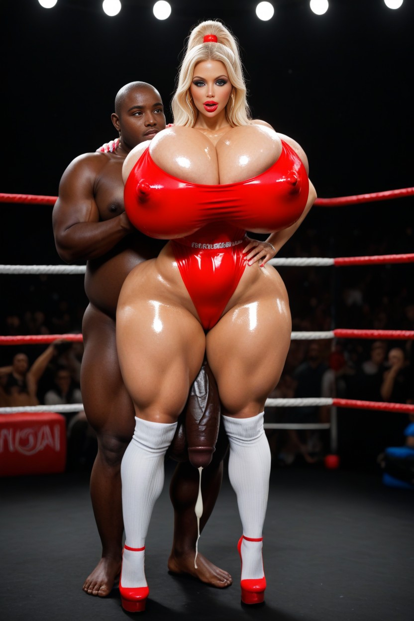 Tight Hyper Skimpy Red Leotard, White Knee Length Socks, Bukakke AI Porn
