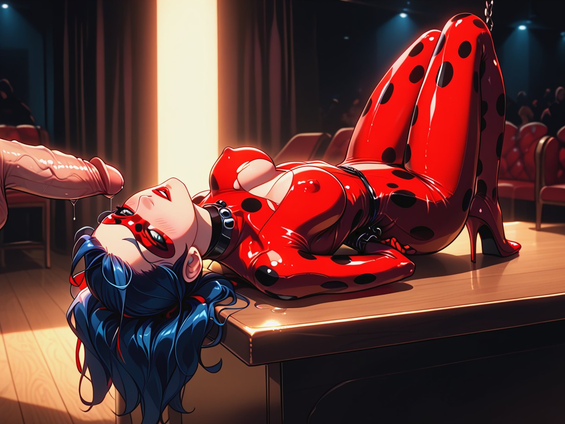 Large Firm Round Breasts, Ladybug Bodysuit, Laying On Chair On Stage Hentai AI Porn