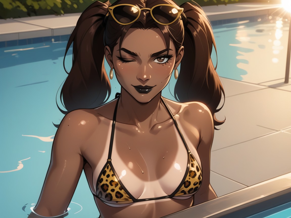 Modern Day Setting, Slicked Brunette Twintails, Leopard Print Thong Latina AI Porn