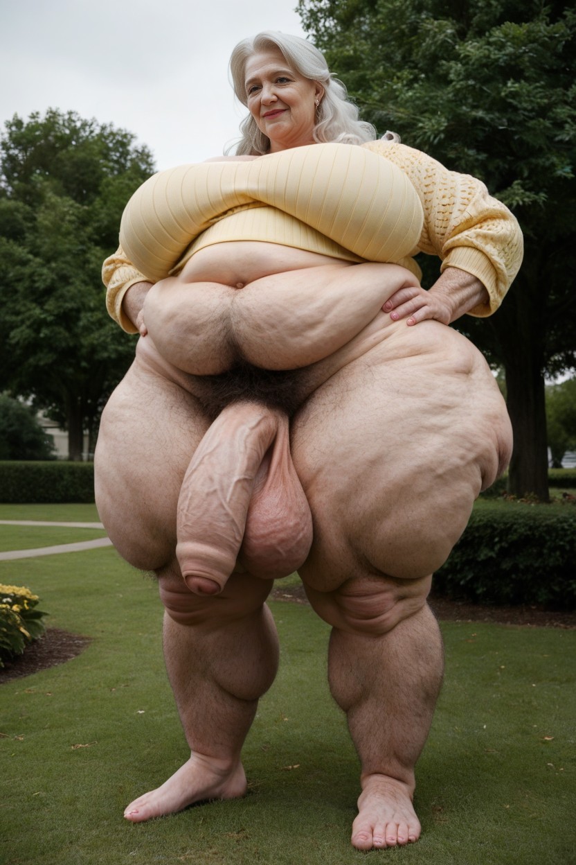 Gigantic Saggy Breast, Yellow Sweater, Wide Angle AI Porn