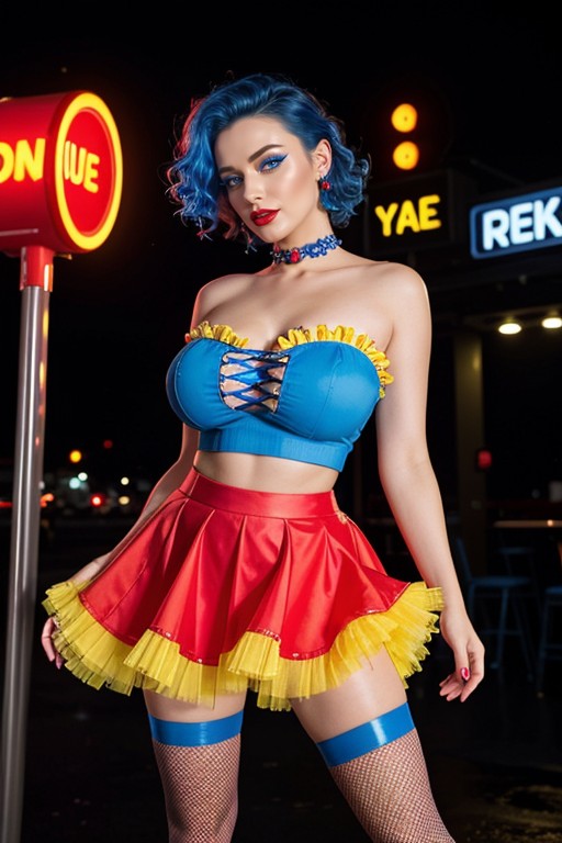 Dances Energetically Around A Nightclub Pole, Full Body Portrait Of A Woman Dressed Like Snow White, Blue Eyes AI Porn