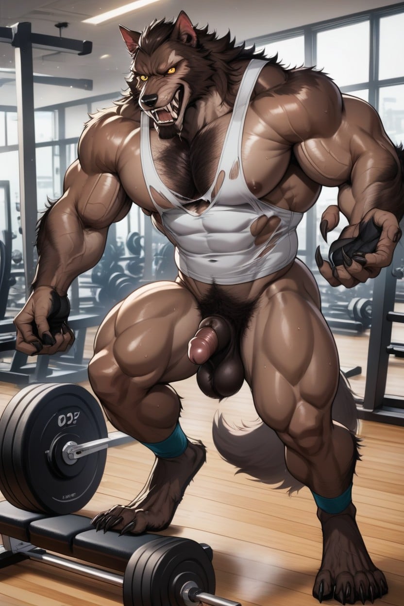 Highly Detailed Rendering, The Werewolf Has Massive Broad Shoulders, Hairy Treasure Trail Runs Up His Stomach AI Gay Porn
