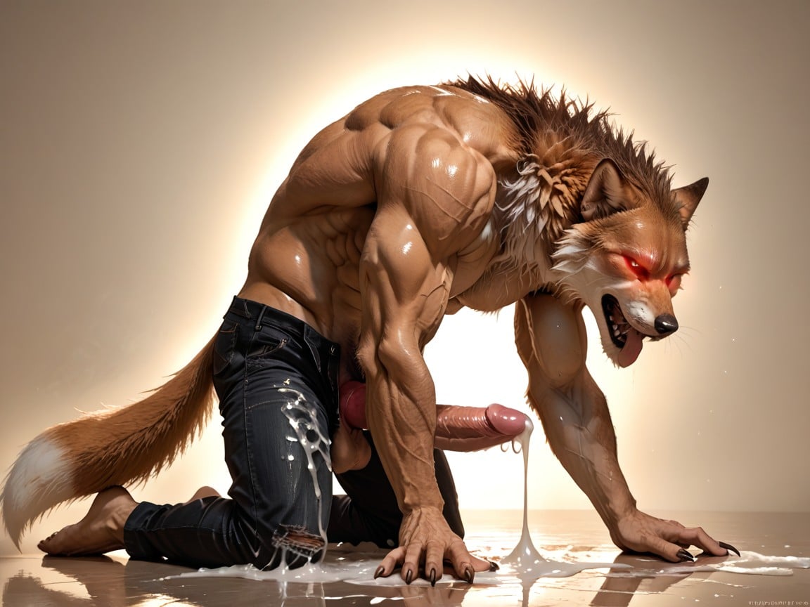 Bulging Muscles, Side View, Large Male Werefox Is On All Fours AI Porn