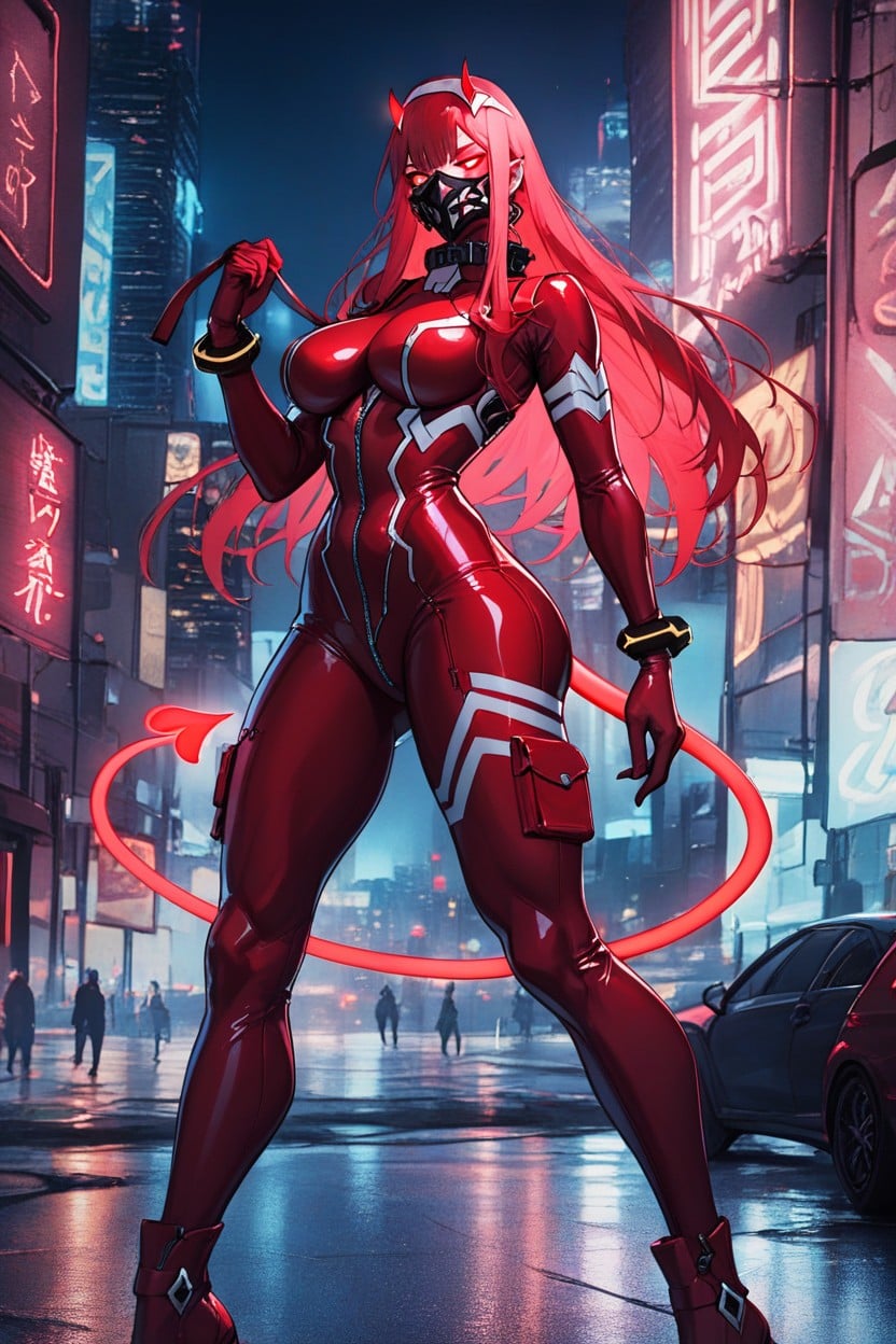 One Person, Glowing Neon Heart Shaped Crotch Tattoo, Red Neon Leash Hentai AI Porn