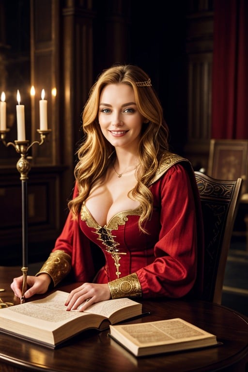 Blonde Hair, A Large Wooden Window Of The Ball Room, Night AI Porn