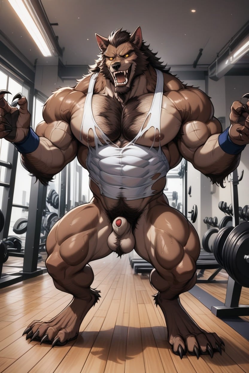 A Photorealistic Werewolf Is Viewed Lifting Weights On A Bench In A Gym, Small, Dangling Normal Sized Brown Furry Nutsack AI Gay Porn