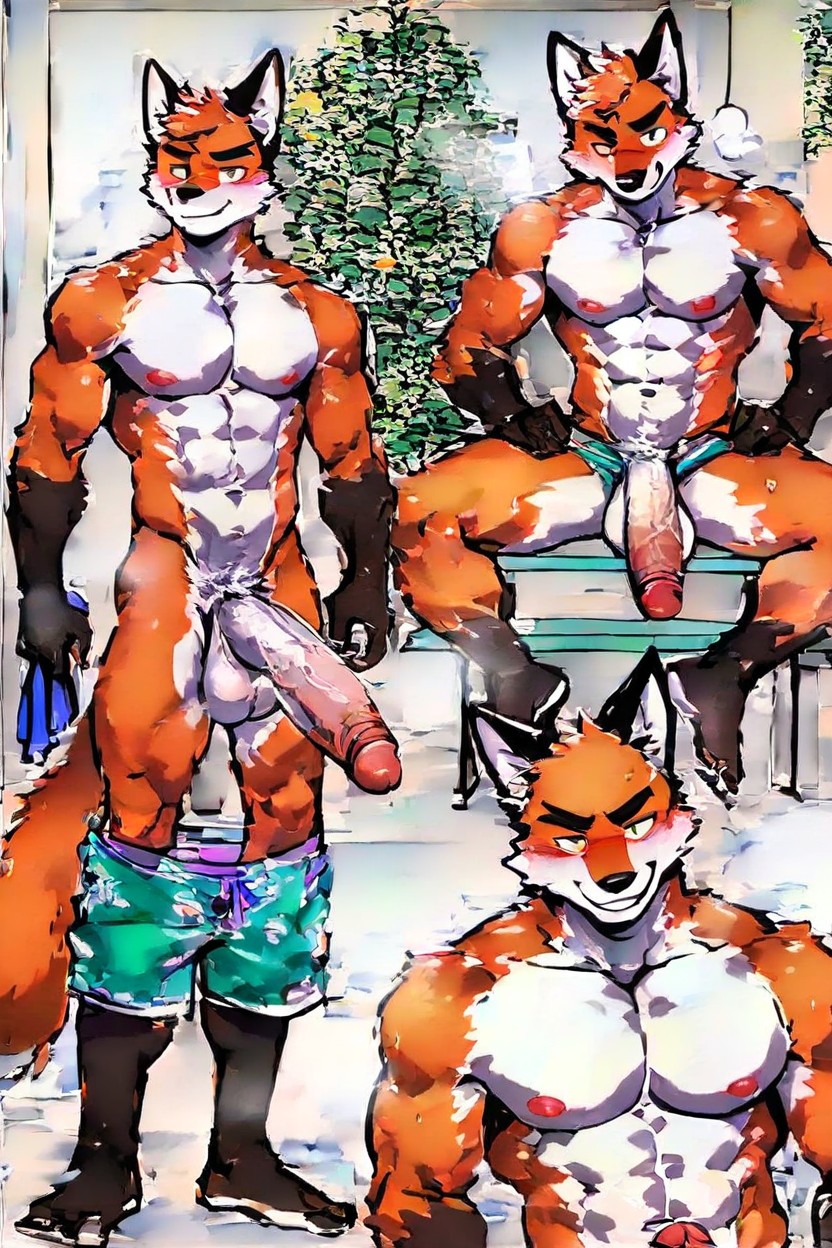 Large Pecs, Pulled Down Swim Trunks, Smiling AI Gay Porn