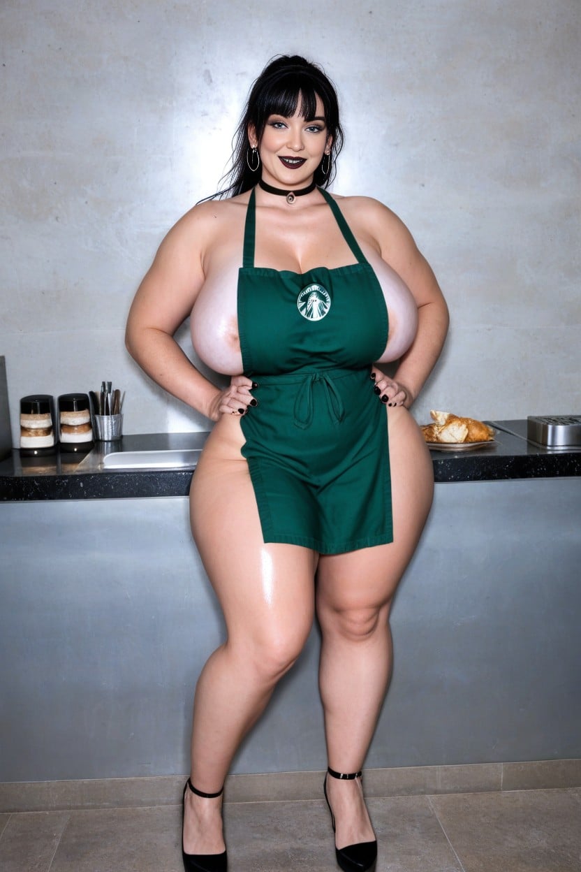 Apron, Black Lipstick, Goth Strabucks Barista Loose Apron Nipples Peaking Out The Side One Breast Exposed AI Porn