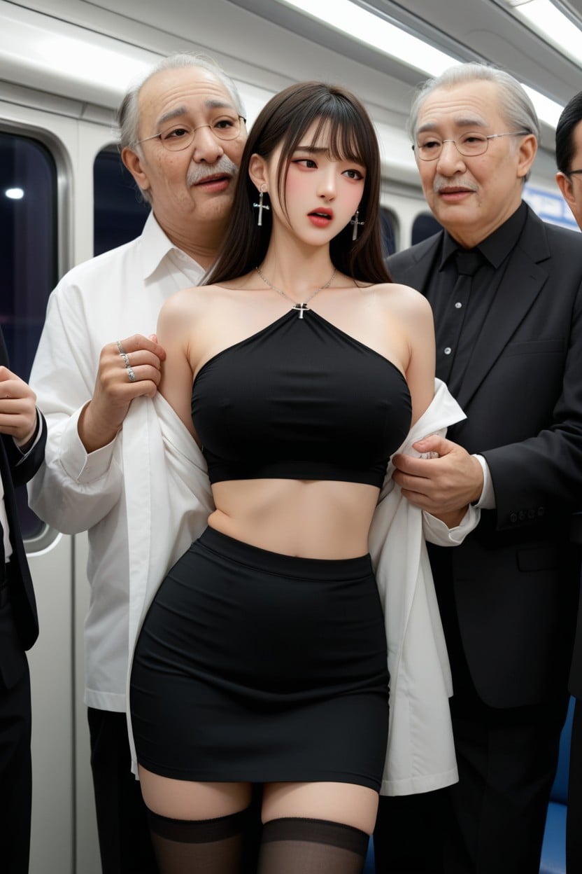 Men Staring At Her, Hombros Descubiertos, Holding Train Pole Porno asiático IA