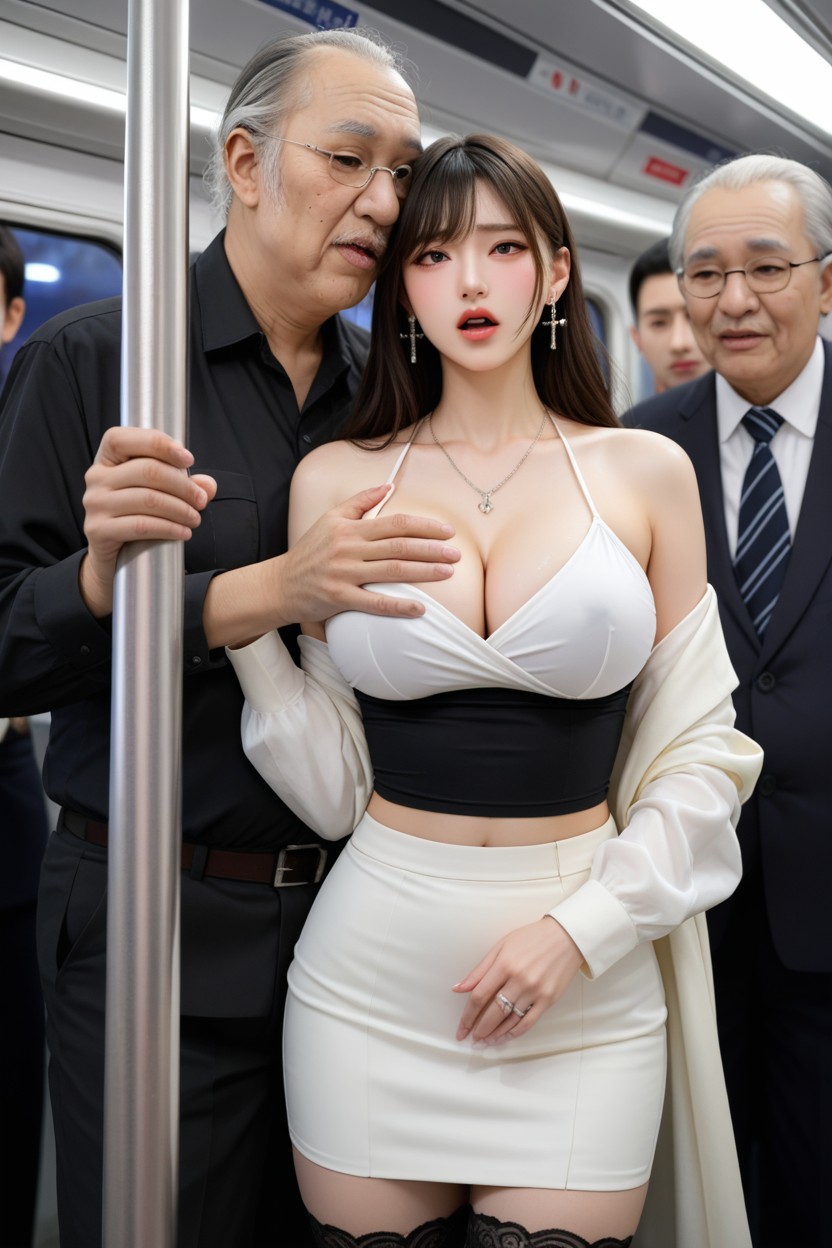 Stomach Showing, Her Arms Held Down, Men Around アジアのAIポルノ