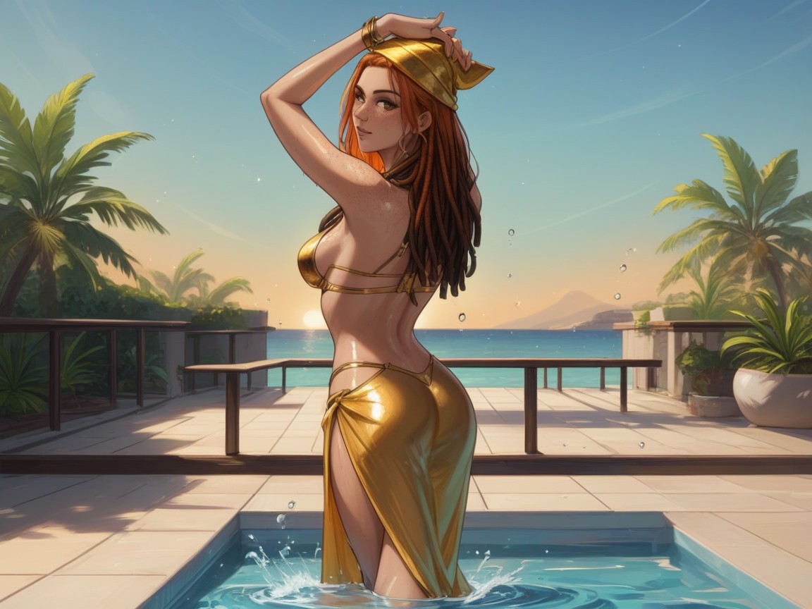 Wet Skin, Wearing Gold Silk Clothes, Rounded Shoulders Latina AI Porn