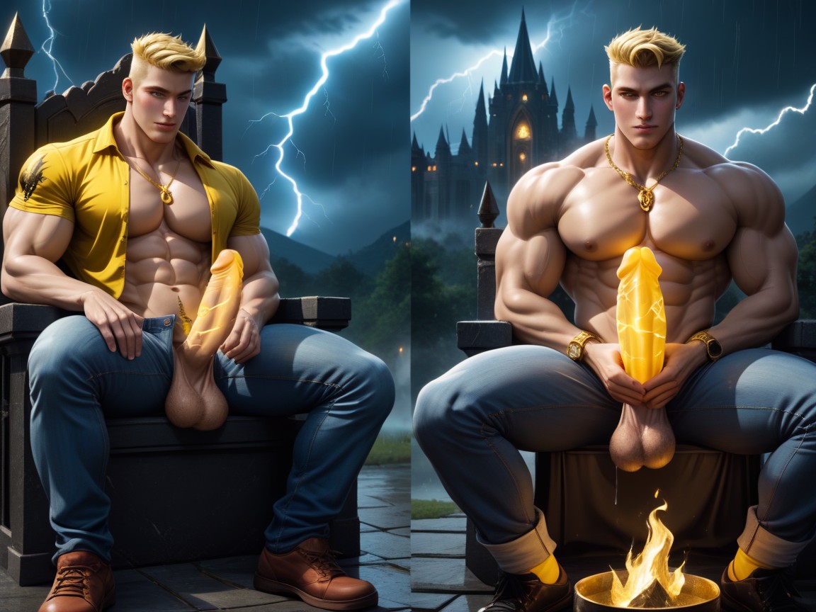 Shocked, Standing Penis, Embroidered With Electric Sparks AI Gay Porn