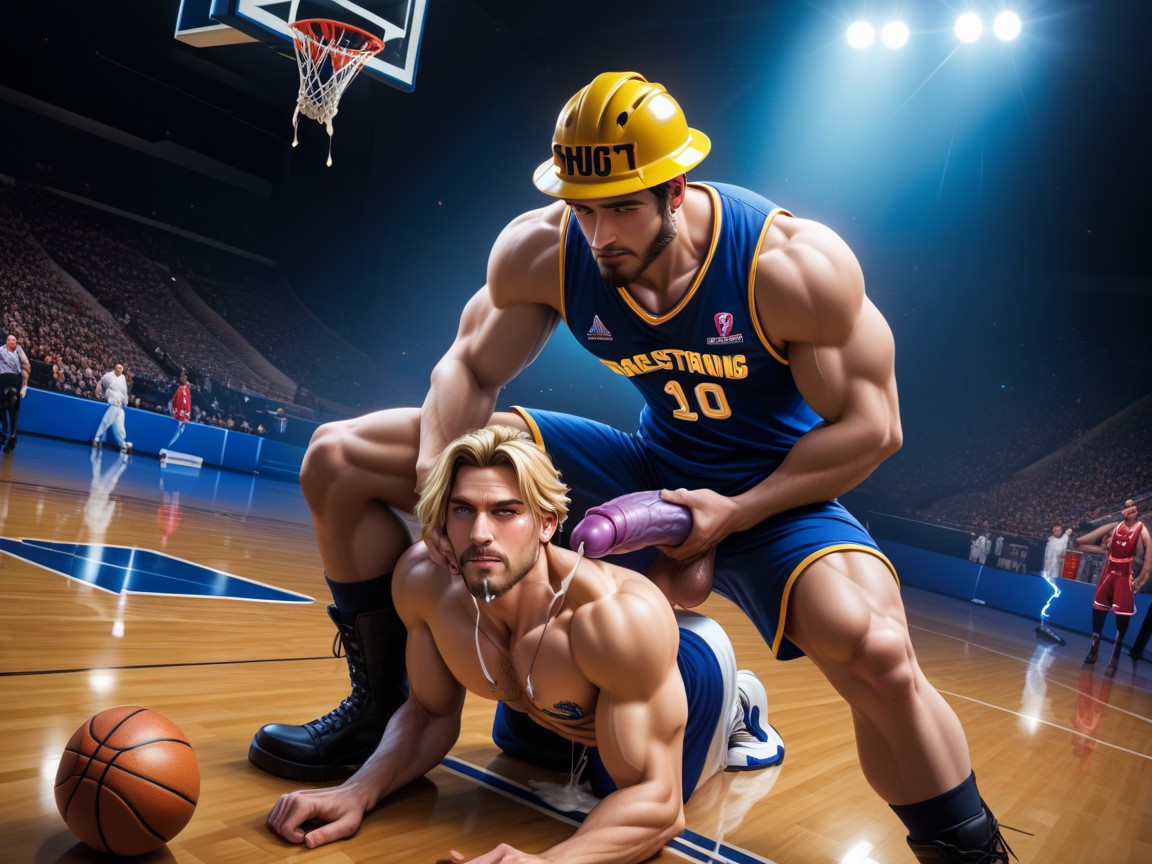 Gagging, Cock Looks Like Big Fleshy Glowing Dildo, Wearing A Basketball Uniform AI Gay Porn