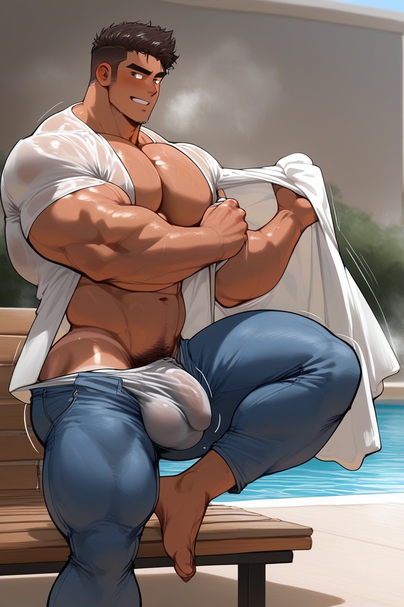 Smooth Body, Oversized Muscles, Messy Hair AI Gay Porn