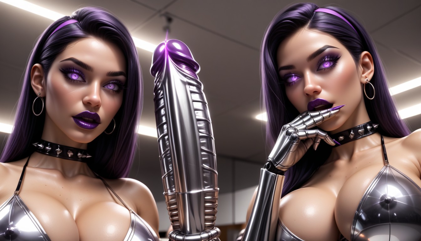 Erect Metallic Nipples, Their Erect Robotic Phallus Completely Metallic With Metallic Tipped Glans, Inside Barber Shop Shemale AI Porn