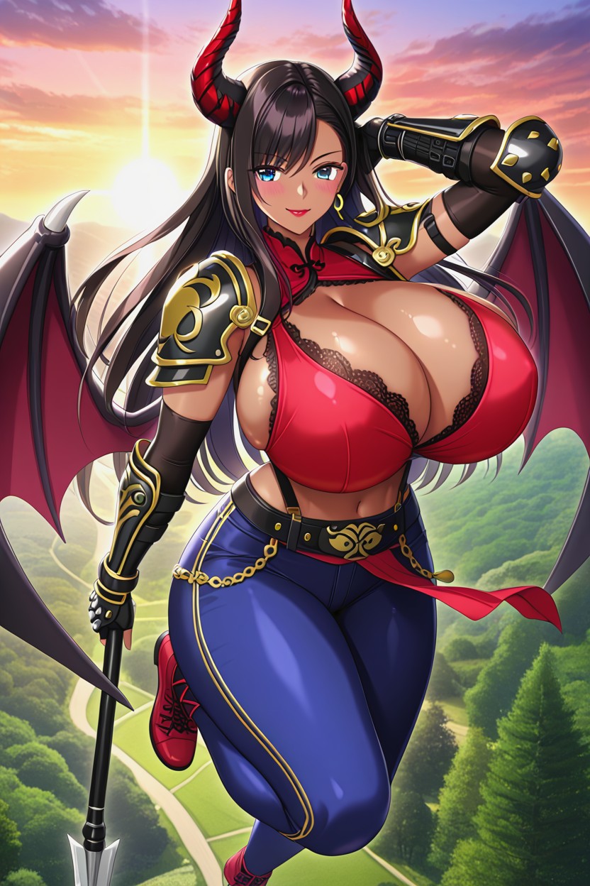 Dark Blue Fingerless Gloves, Black Metal Armor Grieves With Gold Trim, Red Lipstick Hentai AI Porn