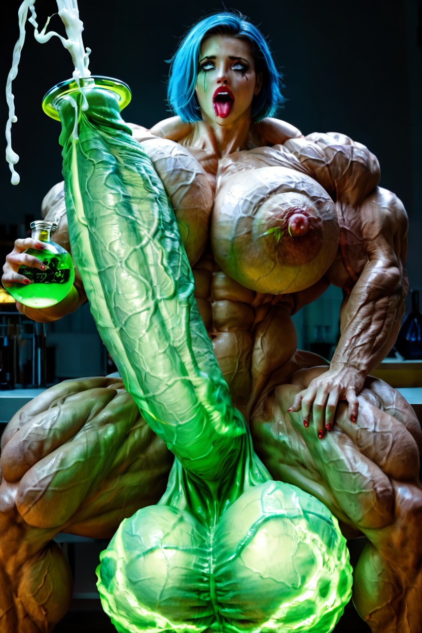 Sweaty, Impossibly Long Hyper Penis, Blue Hair Shemale AI Porn