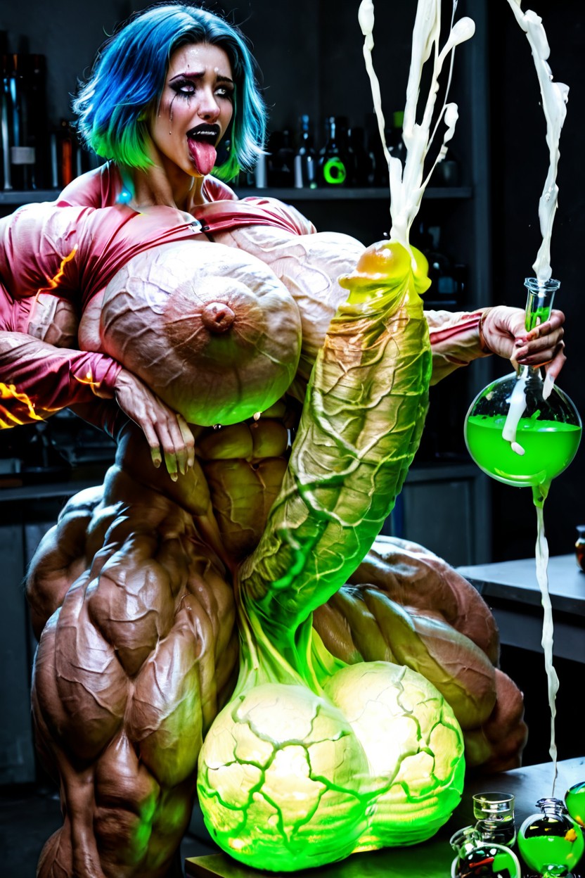 Holding Potion, Glowing Eyes, Hyper Muscular Veiny Radioactive Body Shemale AI Porn