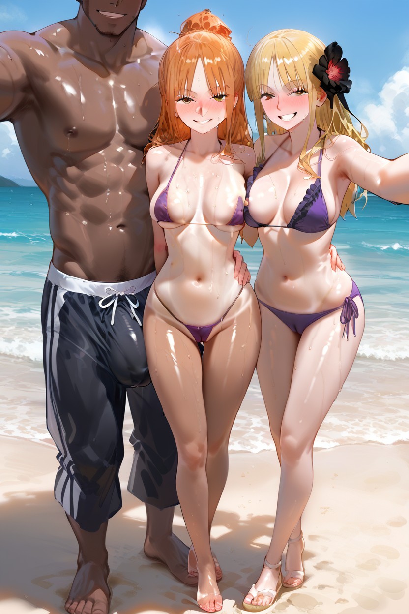 Purple One Piece Bikini, Huge Bulge In Swim Trunks, Vista Frontal Hentai IA