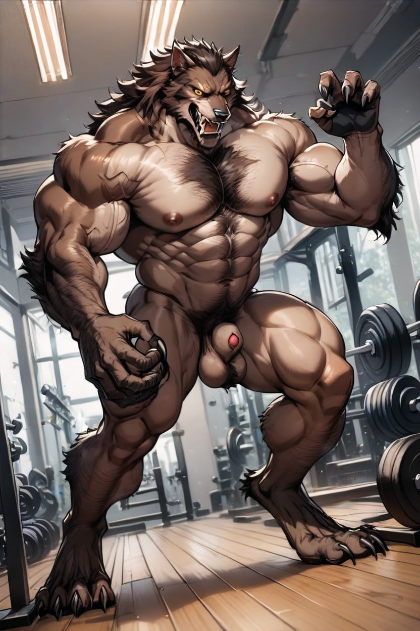 Side View, Hairy Digitigrade Legs, Muscular Upper Body And Muscular Chest With A Thick Patch Of Chest And Stomach Hair AI Gay Porn