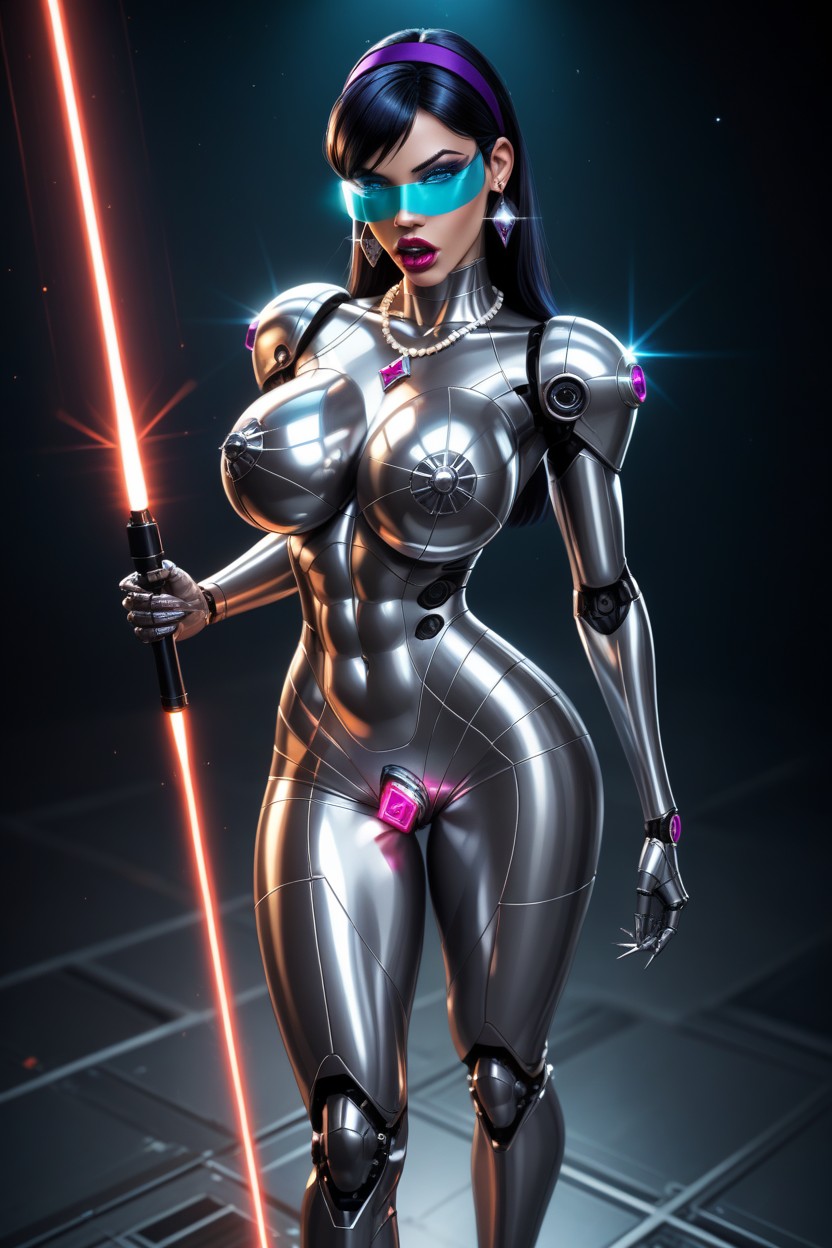 Robot Violet Parr With Metallic Pointy Erect Penis, Side View, Diamond Earrings AI Porn