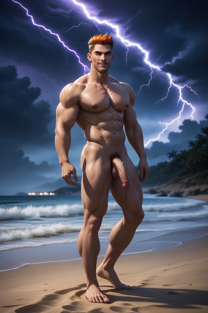Head Is Tilted Back To The Sky, His Arms Are Up, Purple Lightning Illuminates The Storm Sky AI Gay Porn