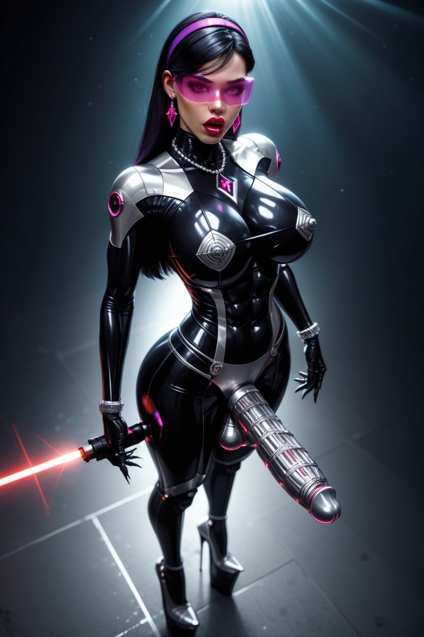 Laser, Huge Erect Smooth Metallic Penis Attached To Her Crotch, Clear Visor AI 포르노
