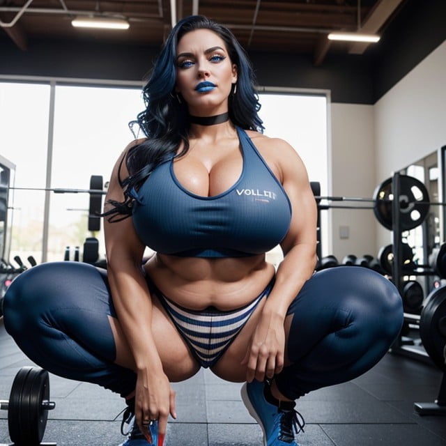 Bright Blue Eyes, Latina, Hyper Gigantic Massive Muscles Woman Pornografia de IA