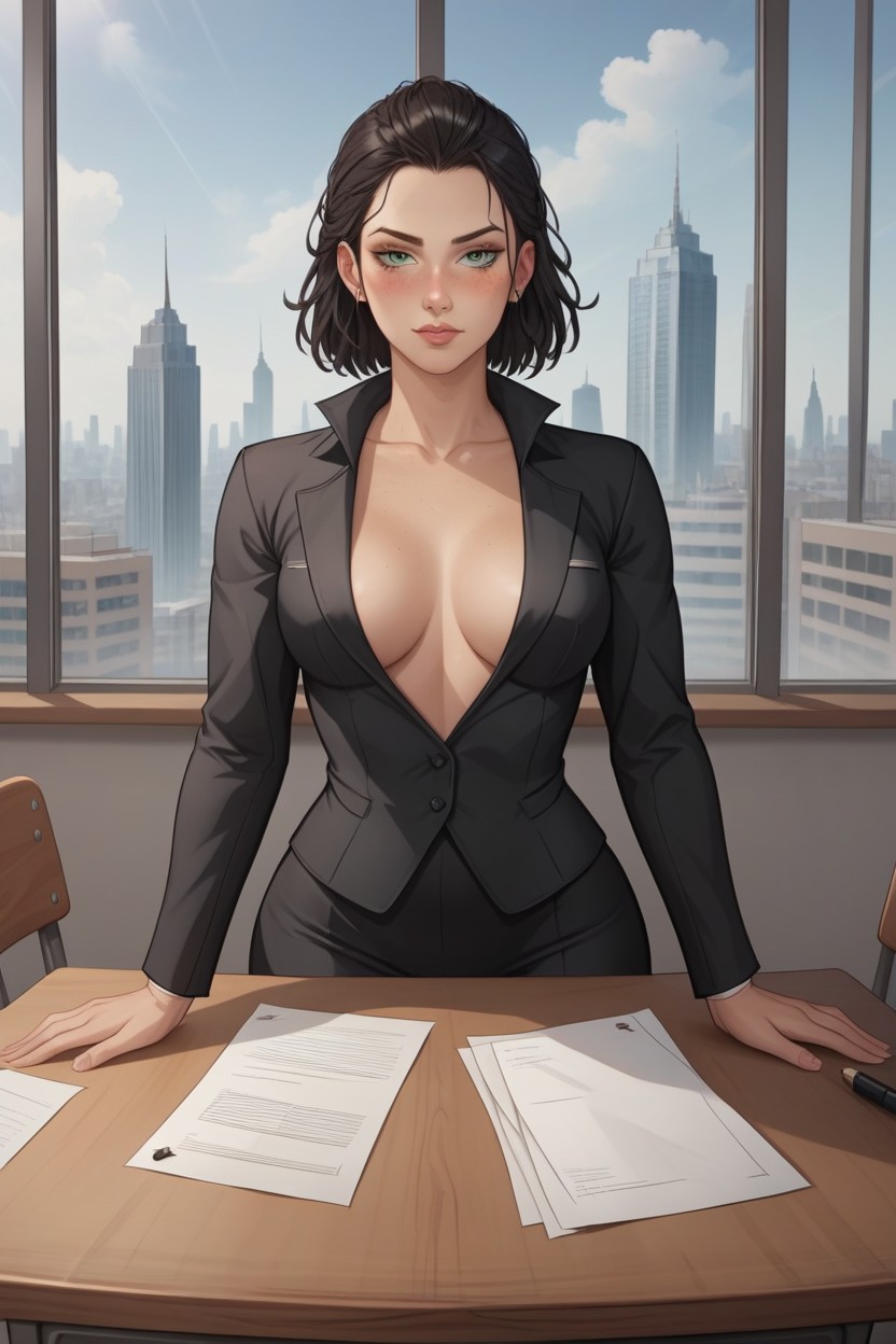 City Skyline, Large Office, On Desk Chair Hentai AI Porn