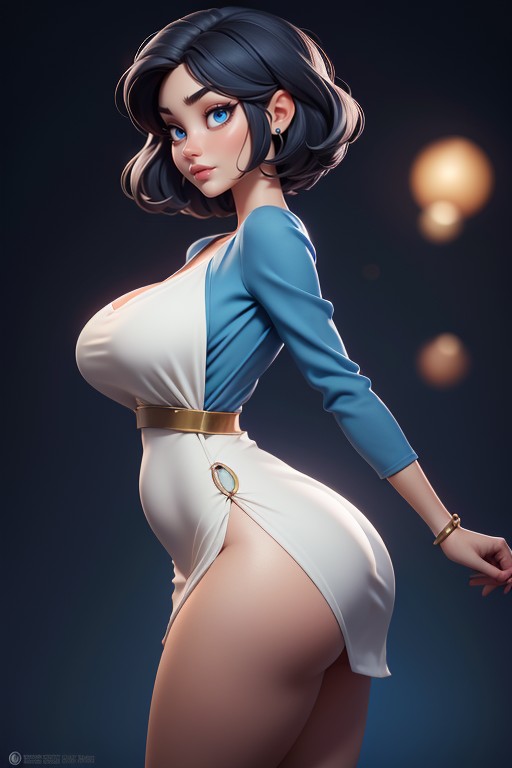 Round Hair Bob, Side View, One Piece Blue Silk Dress With Long Sleeves And Exposed Thighs Hentai AI Porn