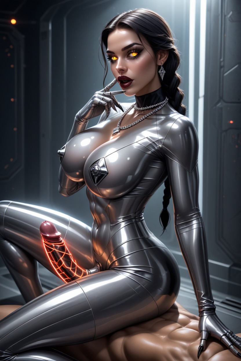 Bimbo, Robot Wendesday Addams With Erect Smooth Shiny Robotic Erect Penis Attached, Side View Latina AI Porn