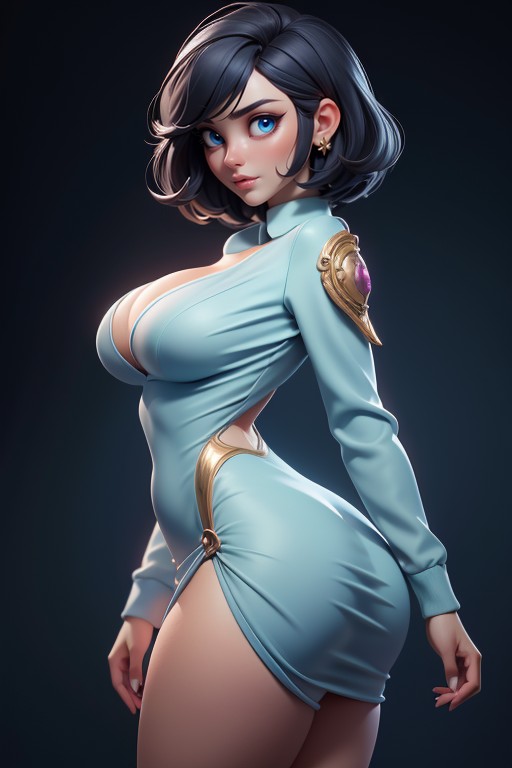 Blue Silk Dress Above The Thighs, Thighs Fully Exposed, Perfect Body Hentai AI Porn