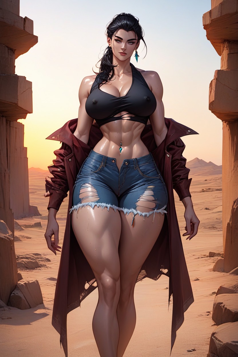 Daisy Dukes, Black Sleeveless Crop Top Pulled Up, Realism AI Porn
