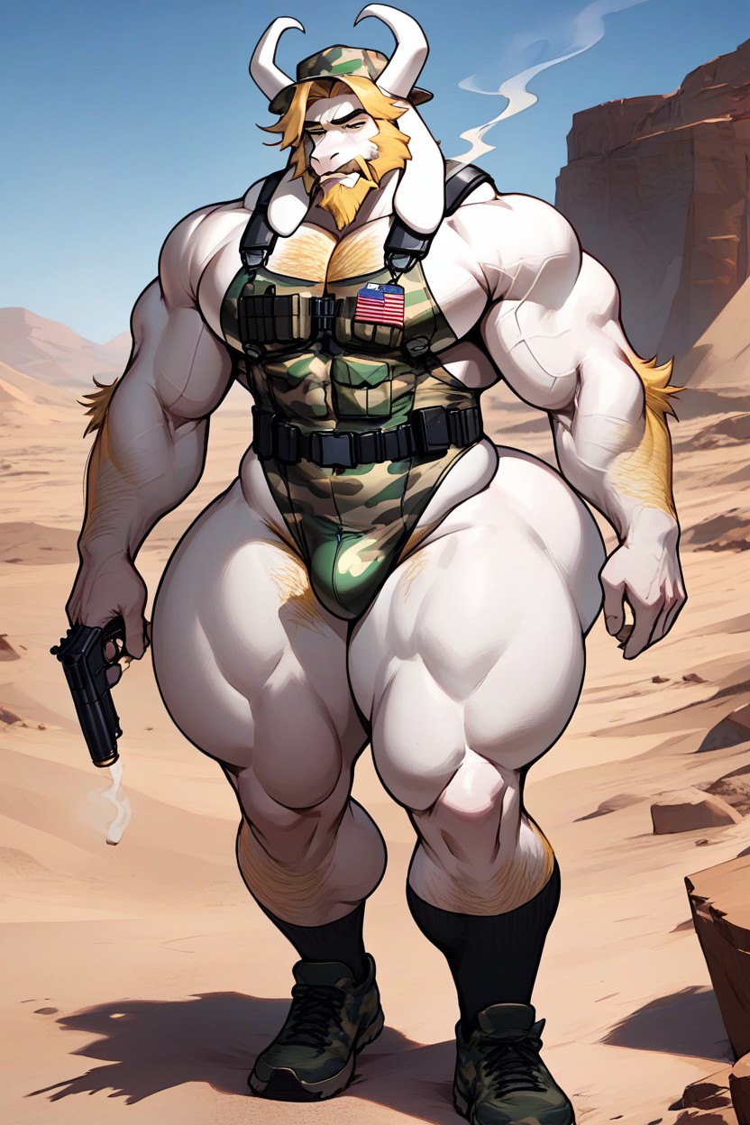 Big Pecs, White Body, Pistol On Hand AI Gay Porn