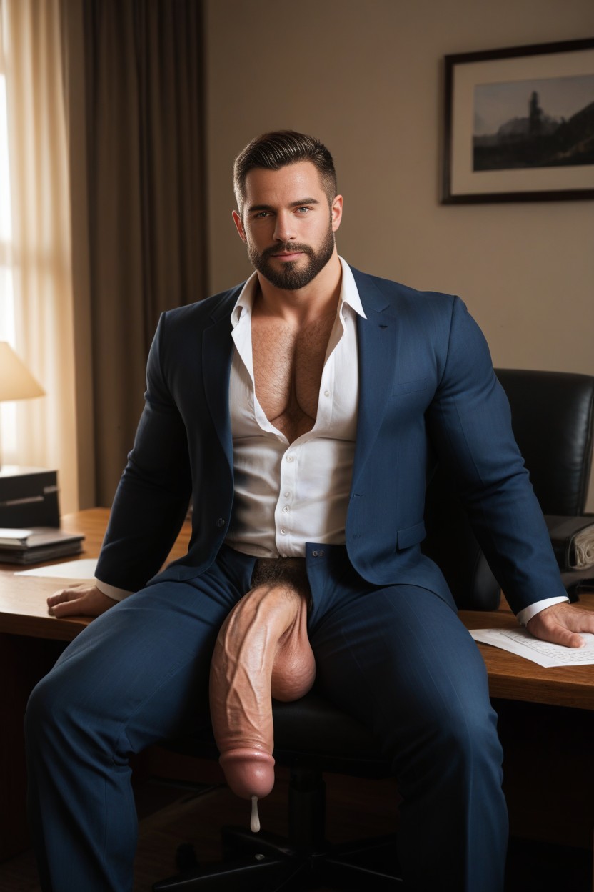 Sitting In Office Chair, Tan Skin, Detailed Face AI Gay Porn
