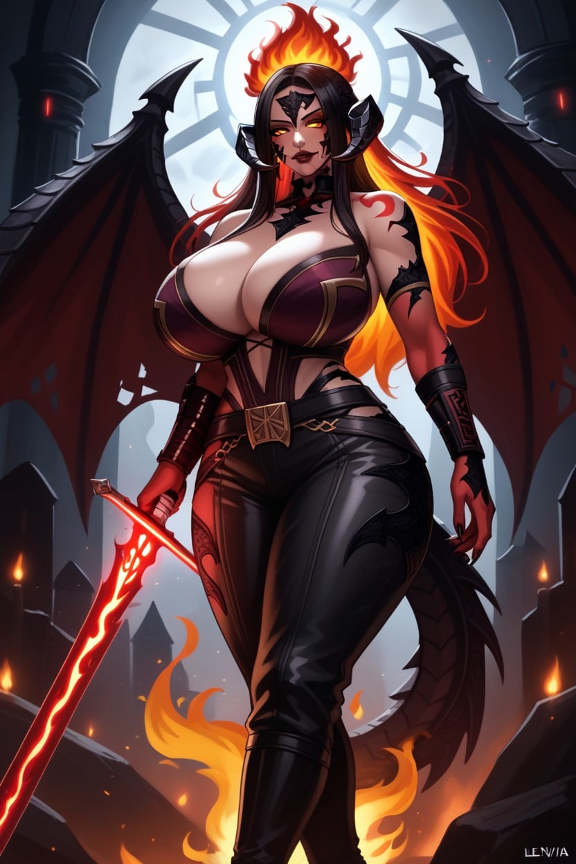 Hyper Gigantic Breasts, Holding Huge Thick Sword, "au'ra From Ffxiv" Flaming Hair Furry AI Porn