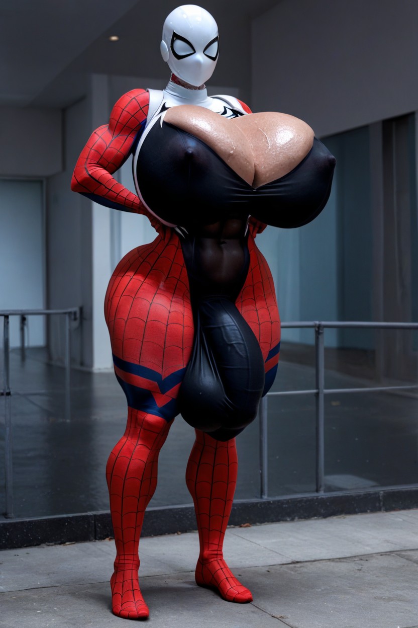 Full Body Spiderman Costume With Cock Bulge, Arms Together, Huge Breasts Shemale AI Porn