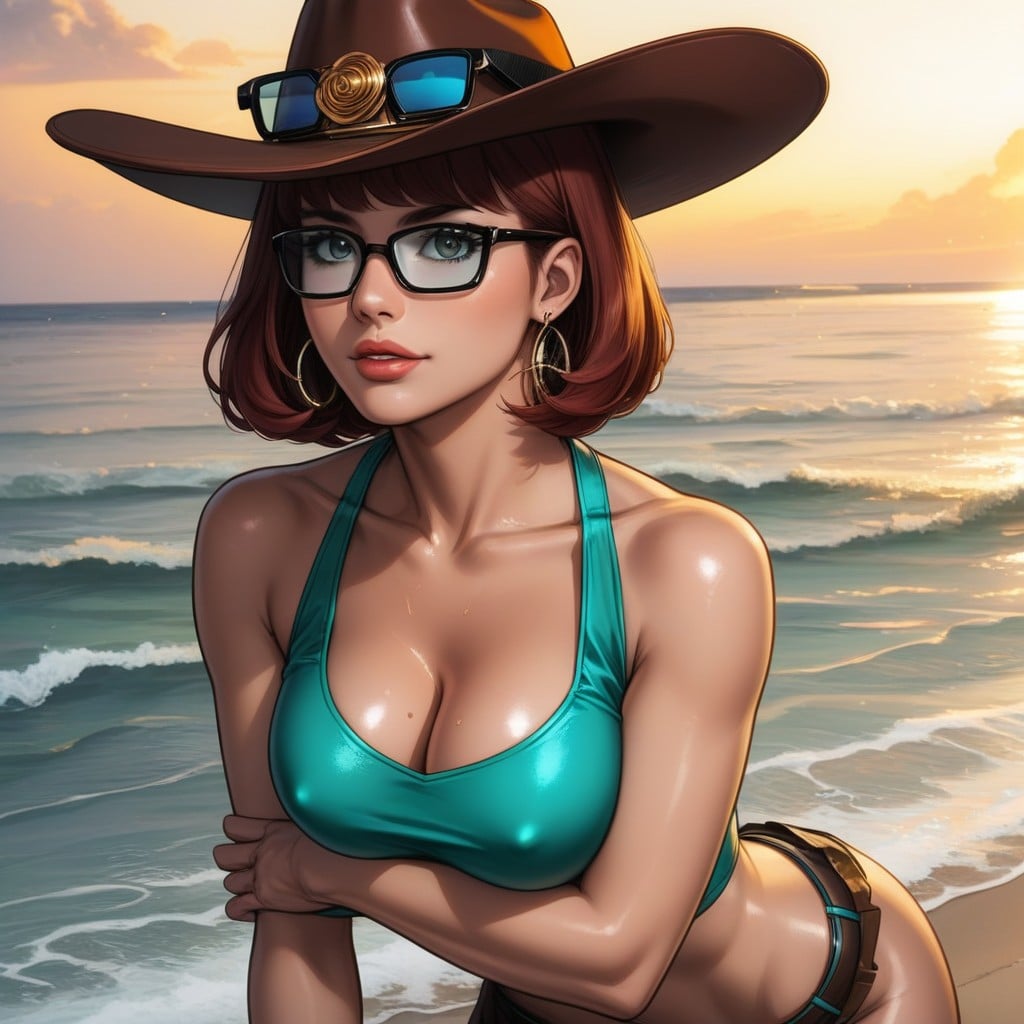 Waves, Posing For A Photo, Ocean Background Hentai AI Porn