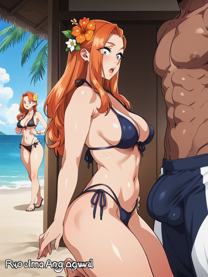 Medium Breasts, Huge Bulge In Swim Trunks, Admiring Bulge Hentai IA