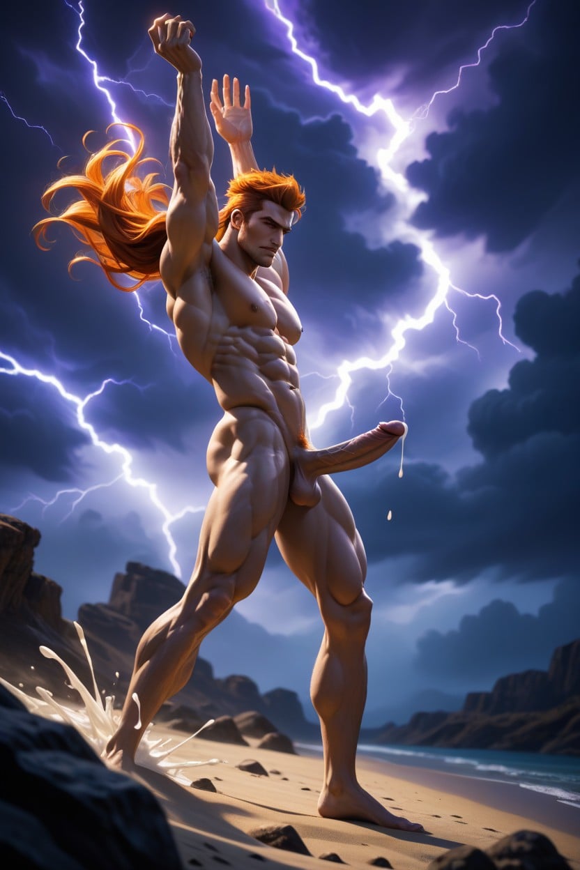 Side View, Purple Clouds, His Erect Penis Is Erupting With Hyper Amounts Of Cum ゲイAIポルノ
