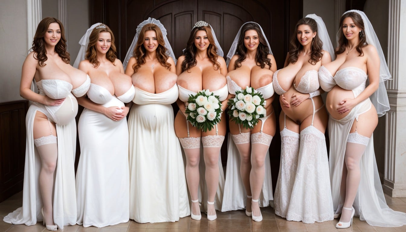 Warehouse Full Of Pregnant Women, Cleavage, Hands Holding Wedding Bouquet AI Porn