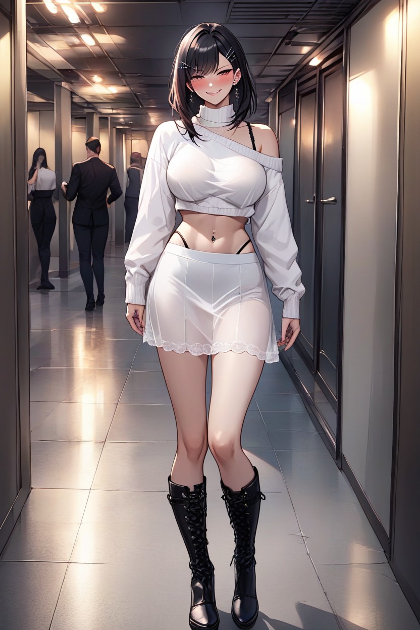 Belly Button Piercing, Bob Hair, Blushing AI Porn