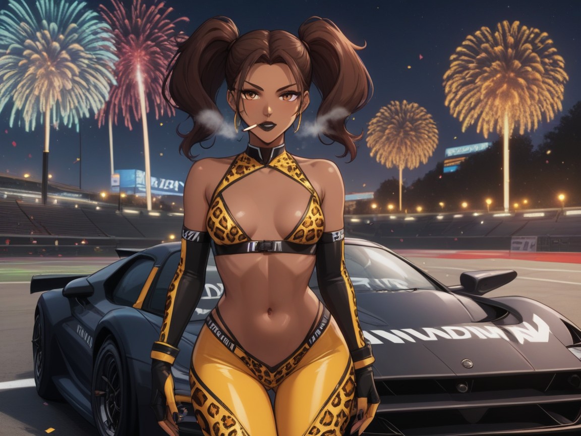 Steamy Breath, Sleek Leopard Print Spandex Racing Suit, Confetti In Background Latina AI Porn