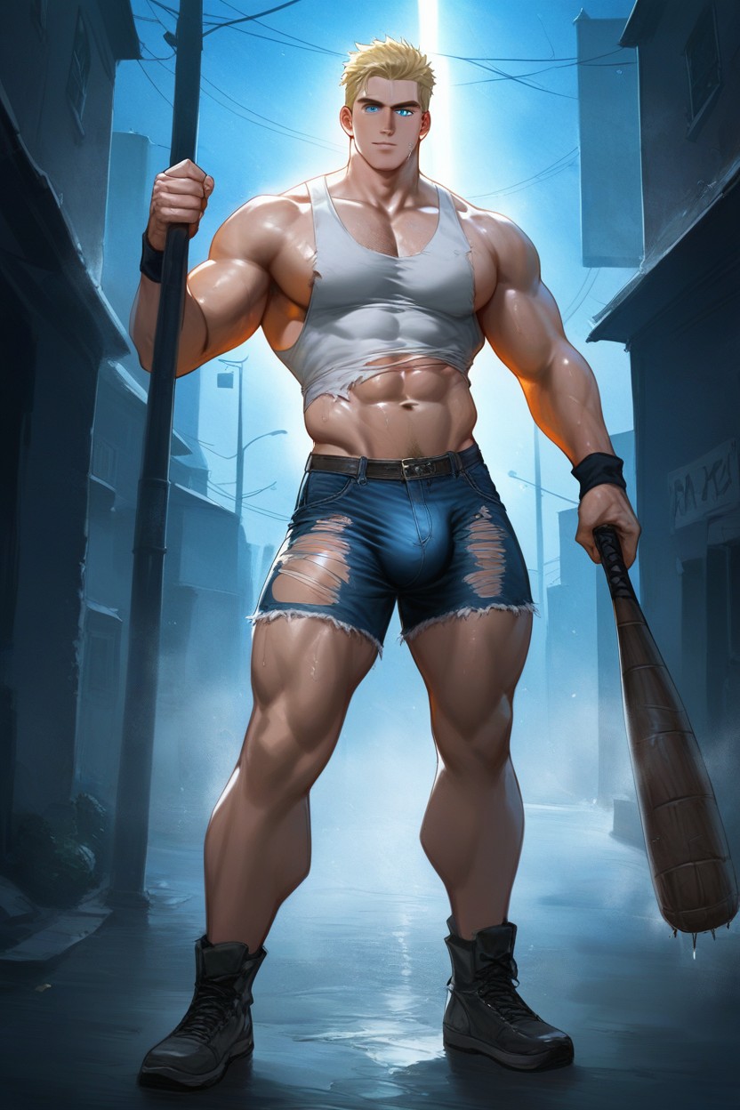 Like A Lone Rebel Hero The Painting Has A Cinematic Retro Glam Look, He Holds A Massive, Jean Shorts AI Gay Porn