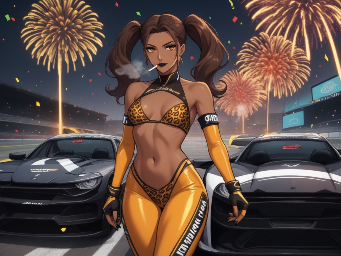 Wearing A Leopard Print Racing Suit, Cel Shading Effects, Gapped Thighs Latina AI Porn