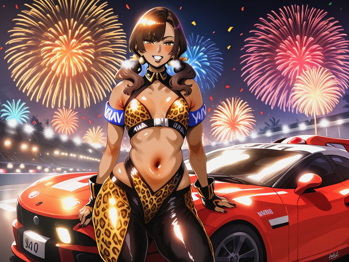 Wearing A Leopard Print Racing Suit, Low Chest Width, Tight Breasts Hentai IA