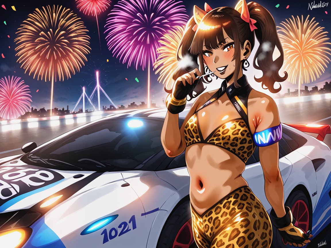 Leopard Print Race Car, Low Chest Width, Motorway Background Hentai AI Porn