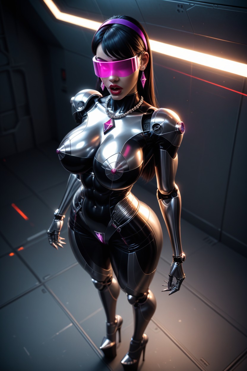 Tall Wedges, Shiny Diamond Earrings And Necklace, Side View AI Porn